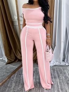 Women's Striped Print Pants & Top Set, Elegant Fashion Casual Fitted Two-piece Outfits for Daily Outdoor Wear, Ladies Shortsleeve Clothes for Summer, Matching Set Outfit, Womenswear, Outfit Sets Women, Matching Clothing Set, Co Ord Sets, Day