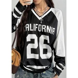 Free Customization of Name and Number Men's and Women's Casual V-neck Long-sleeved T-shirts with Letter Printing Within Twelve Hours, Black and White Striped Long-sleeved Tops