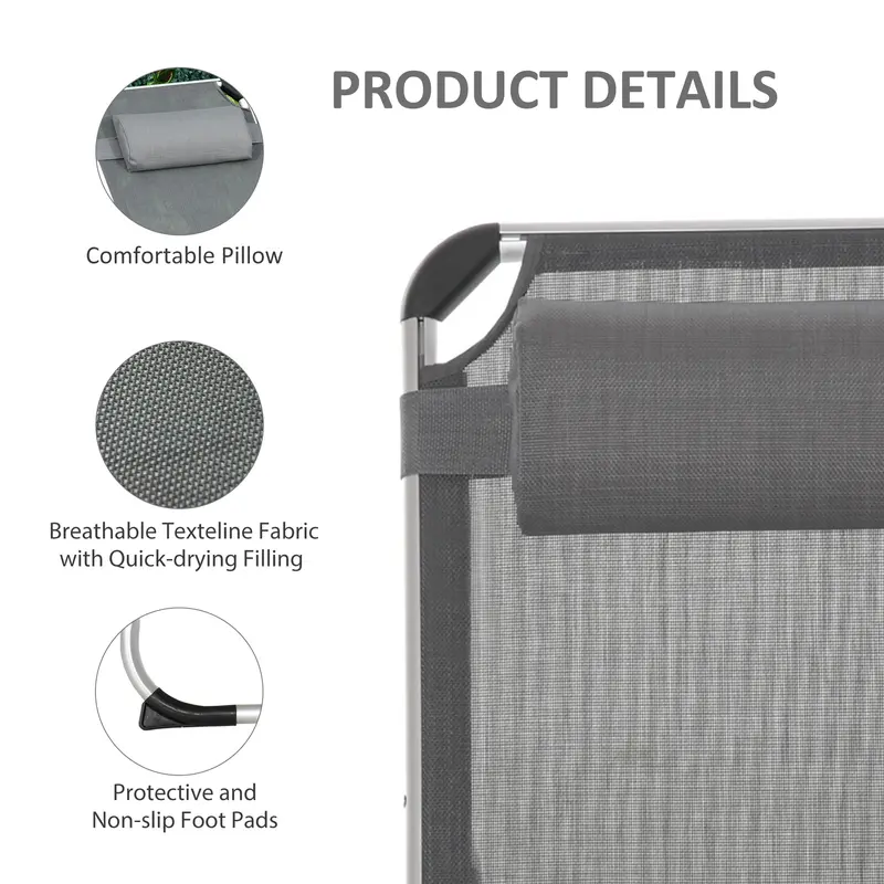 Outsunny Foldable Outdoor Sun Lounger, Reclining Lounge Chair Camping Bed Cot with Pillow 4-Level Adjustable Back Aluminium Frame, Dark Grey 5