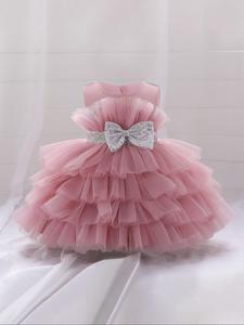 Girl's Bow Decor Tiered Layer Satin Formal Dress, Cute Sleeveless Round Neck Zipper Back A Line Dress for Party, Kids Clothes for All Seasons