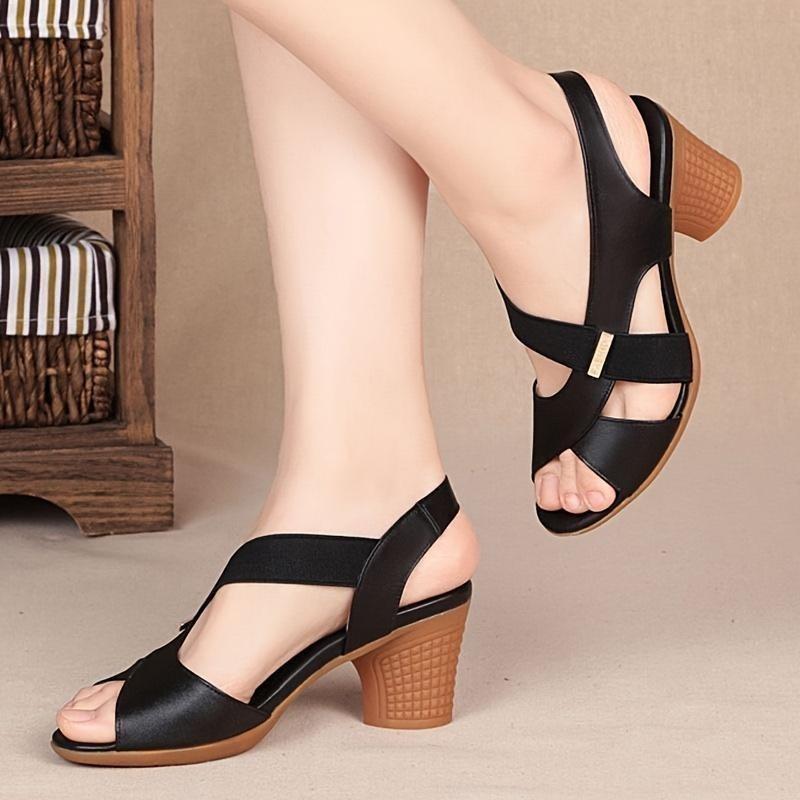 Women's Chunky Heeled Sandals, Peep Toe Elastic Strap Slip On Heels, All-Match Going Out Sandals 3