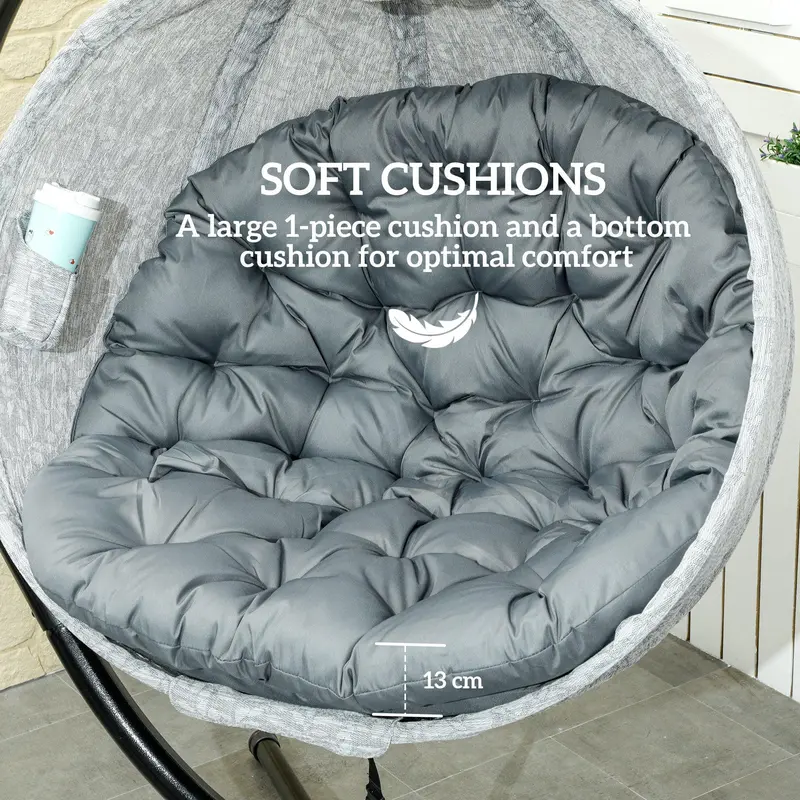 Grey Hanging Egg Chair with Stand Thick Cushion and Cup Holder for Garden or Balcony by Outsunny 3