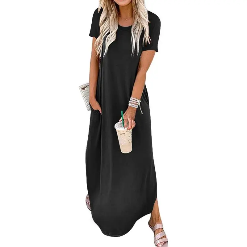 Women's Plain Pocket Round Neck Curved Hem Tee Dress, Ladies Frenchy Style Dresses, Maxi Dress for Women, Casual Short Sleeve Long Dress for Summer, Ladies Clothes for Daily Wear, Summer Dresses 2025 5