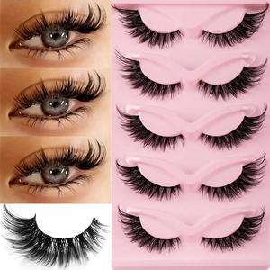 Cat Eye False Eyelashes, 5 Pairs Wispy Cat Eye Look Faux Cluster Lashes, Natural Curling Eye Makeup Strip Lashes, Full Volume Eyelash for Lashes Extensions