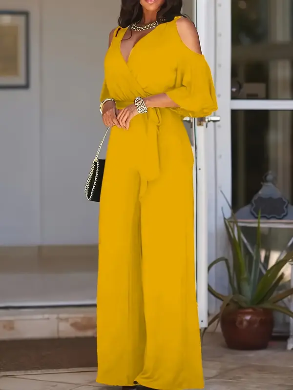 Elegant V-Neck Polyester Jumpsuit - Strapless Tie-Waist Wide Leg Romper - All-Season Vacation Style Knit Fabric 3