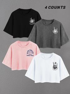 Women's Letter & Skeleton Hand Print Round Neck Tee, Casual Short Sleeve T-shirt for Summer, Ladies Streetwear Clothes for Daily Wear, Summer Top