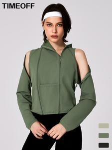 TimeOFF Women's Patchwork Detachable Sleeve Sunscreen Hooded Short High Waist Jacket Outdoor multi-functional leisure travel shopping stroll fashion coat Gym Sports Training Versatile Yoga Top