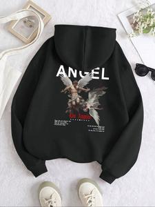 Unisex's Angel & Letter Print Hoodie, Casual Loose Long Sleeve Hooded Sweatshirt for Fall & Winter, Couple's Top for Daily Wear