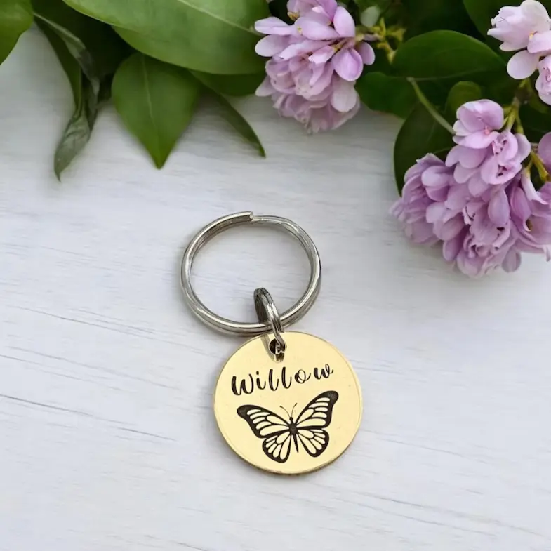 Custom Deep Engraved Butterly Pet ID Tag – Spring Themed Brass Dog Tag, Fully Personalised