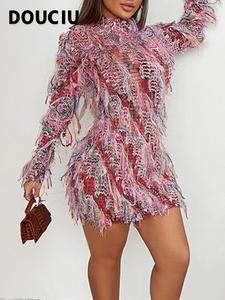 DOUCIU Grassland Music Festival Seaweed Dance Colored Tassel Trend Cool Sexy Perspective Women's Wild Primitive Monster Short Hip-wrapped Long-sleeved Dress