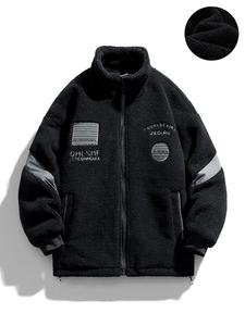 Men's Letter Patched Drop Shoulder Fleece Jacket, Loose Casual Long Sleeve Zip Up Outerwear for Winter, Men's Clothes for Daily Wear