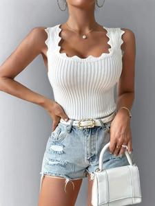 2025 Trendy Tank Top, Women's Plain Scallop Trim Square Neck Sweater Vest, Elegant Casual Minimalist Sleeveless Knit Top for Summer, Fashion Women's Knitwear for Daily Wear, Womenswear, Summer Clothes Women, Crop Tops, Basic Breathable Sleeveless Top