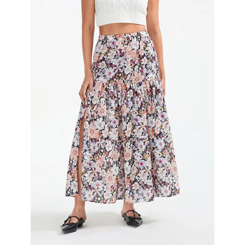 Women Floral Long Skirts High Waist Flowy Slit Skirt Summer Bohemian Skirt for Casual Daily Holiday 2