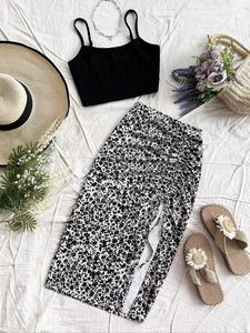 Women's Plain Cami Top & Ditsy Floral Print Ruched Drawstring Skirt, Casual Sleeveless Top & Skirt for Summer, Two-piece Women’s Sets, Womenswear, Clothes