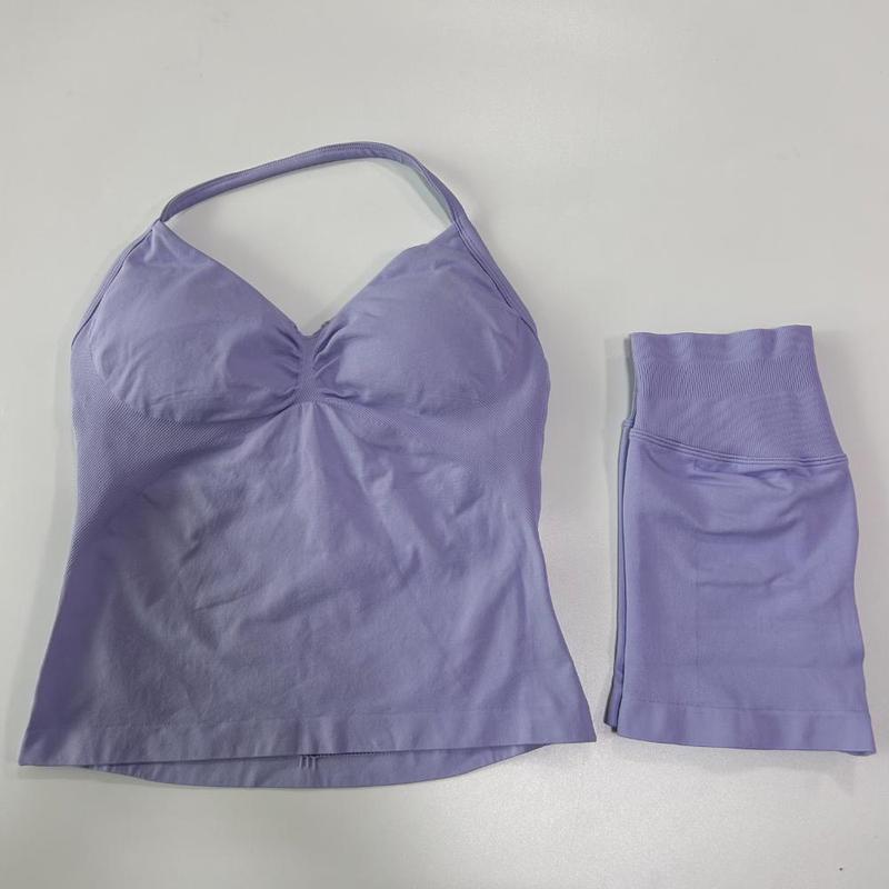Product Introduction of 2Pcs  Gym Set Women Backless Tank Tops High Waist Scrunch Seamless Shorts Gym Suit Fitness Clothes Activewear Workout Sets 24