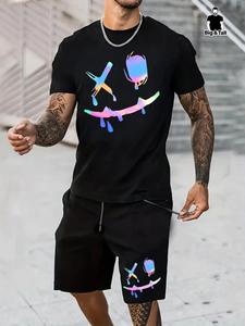 Two-piece Set Men's Plus Size Cartoon Face Print Drawstring Two-piece Set, Regular Fit Casual Round Neck Tee & Pocket Shorts, Men's Matching Clothes for Summer, Casual Outfit Set