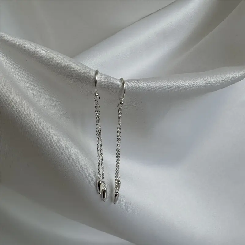 Sterling Silver Double Chain Nugget Drop Dangle Earrings 2