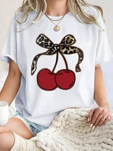 Women's Cherry & Leopard Print Round Neck Tee, Fashion Casual Crew Neck T-Shirt for Daily Holiday Vacation Outdoor Wear, Clothing, Ladies Clothes for Summer