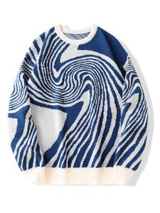 Men's All Over Print Contrast Binding Sweater, Regular Fit Casual Drop Shoulder Crew Neck Jumper, Stylish Menswear