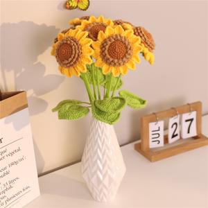Crochet Sunflower with Leave and Long Stem for Home Decor Family Gift(without vase)