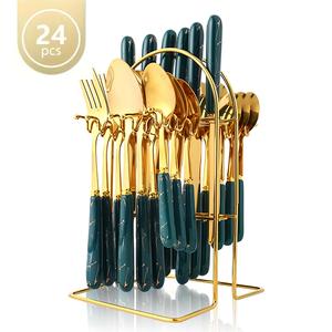 Modern Stainless Steel Cutlery Set with Holder, 24pcs/set Including Knives, Forks, and Spoons, Tableware Set for Home Kitchen Dining Room, Utensils