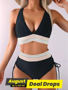 Two-piece Set Women's Colorblock Bikini Set, Casual Fashion Chic Swim Top & Swim Bottom Set for Beach Holiday Vacation, Ladies Swimwear for All Seasons, Swimsuit for Women, High Waisted Swimsuit