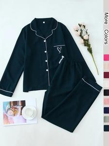 Two-Piece Set Women's Heart Embroidery Contrast Binding Pajama Set, Long Sleeve Lapel Button Front Shirt & Elastic Waist Pants PJ Set, Women's Sleepwear for Spring & Fall