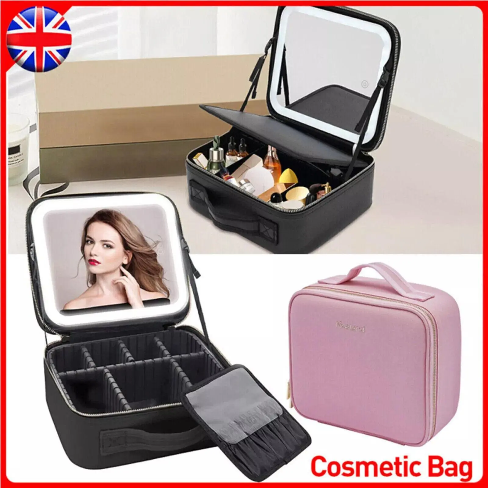 Makeup Bag with LED Mirror Vanity Case Beauty Box Make up Travel Cosmetic Bag UK
