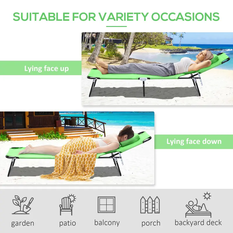 Outsunny Outdoor Folding Sun Lounger with Face Hole, 4 Level Adjustable Backrest Reclining Garden Lounger, Garden Recliner Sunbed with 600 D Oxford Cloth Seat and Pillow for Beach, Green 4