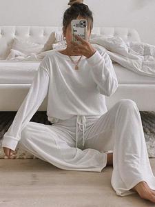 Women's Plain Boat Neck Lounge Tee & Tie Front Pocket Pants Loungewear Two-piece Set, Casual Comfy Drop Shoulder Top & Elastic Waist Trousers Pj Set, Ladies Sleepwear for Spring & Fall, Cute Winter Wear, Lounge Set for Women, Pajamas