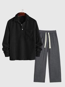 Men's Corduroy Shirt & Pants Set, Loose Casual Long Sleeve Button Up Top & Trousers, Men's Spring & Fall Clothes