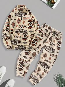 Men's Plush Lined Ethnic Pattern Half Zip Up Kangaroo Pocket Sweatshirt & Drawstring Waist Sweatpants Two-piece Set, Thick Thermal Warm Casual Comfy Long Sleeve Stand Collar Pullover & Pocket Jogger Pants for Winter, Men's Two-piece Outfits for Daily Wear