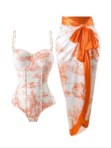 Women's All Over Print One-Piece Swimsuit & Cover Up Skirt Set, Casual Fashion Swimwear Set for Beach Holiday Vacation, Ladies Swimsuit for All Seasons