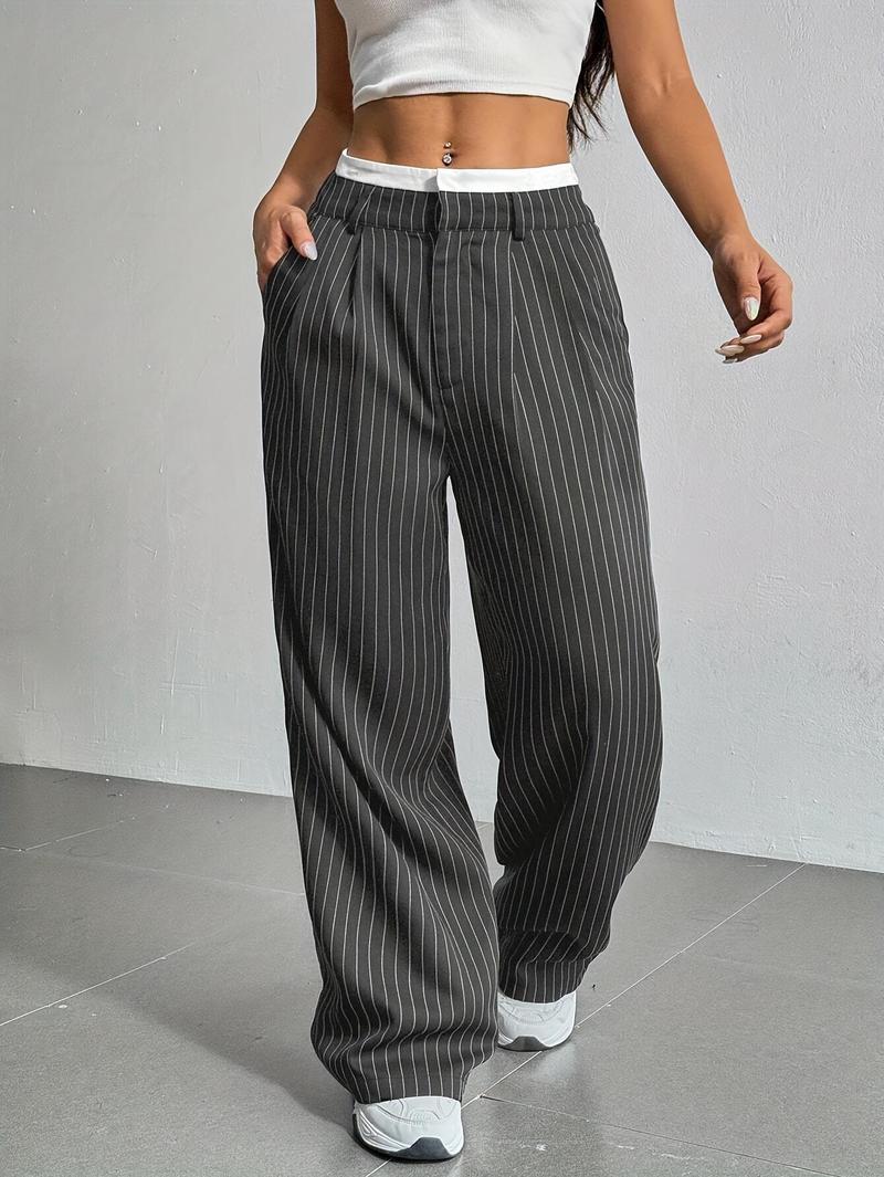 Product Introduction of Women's High-Waist Striped Wide-Leg Blazer Pants - Navy Blue & White Vertical Stripes, Polyester, Casual Style, Machine Washable, Spring/Summer/Fall Wear, Versatile Legwear | Wideleg Design | Glossy Texture, Wide Leg Pants 0