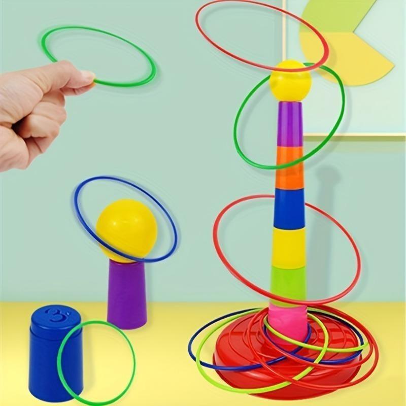 Vibrant Multi-Colored Ring Toss Game - Durable PET Material Interactive Indoor/Outdoor Play Toy with Ball Top - Ideal Gift for Youngsters 4