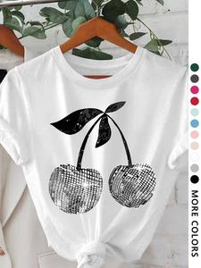 Women's Cherry Print Round Neck Tee, Casual Fashion Short Sleeve Crew Neck T-shirt for Summer, Fashion Women's Top for Daily Wear, Women's Tops, Womenswear, Tshirts for Women