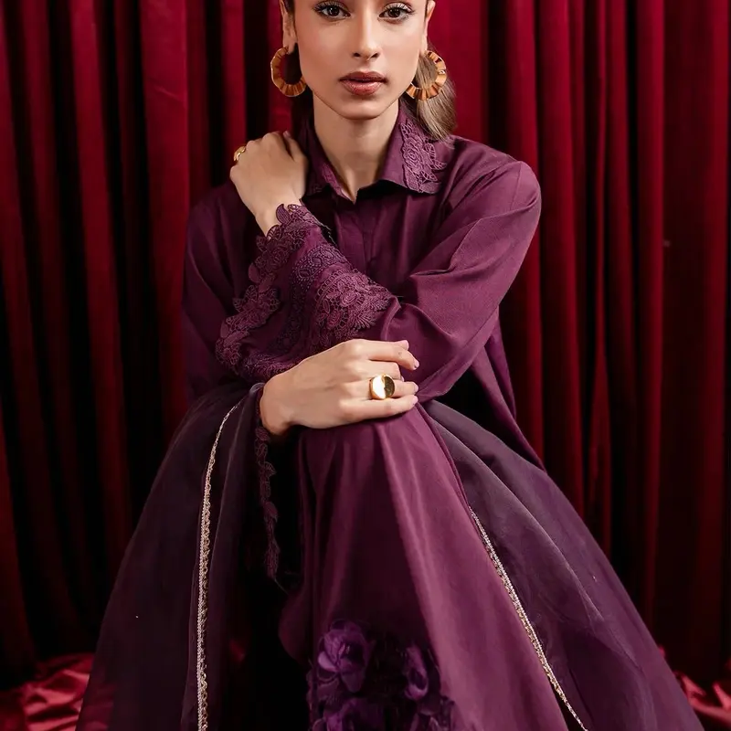 Peach Republic - 3 Piece Dull Raw Silk Dress with Cutwork, Lace and Organza Dupatta in Deep Plum Womenswear 0