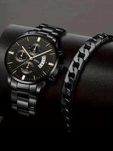 Men's Business Fashion Round Dial Analog Quartz Watch & Bracelet Set, without Box, Trendy All-match & Exquisite Watch Set for Birthday Gift