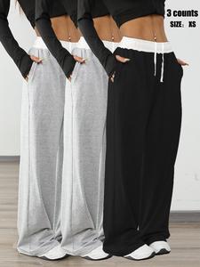 Three-Piece Set Women's Colorblock Drawstring Waist Wide Leg Pants, Casual Comfy Slant Pocket Design Trousers for Daily Wear, Ladies Sportswear for All Seasons