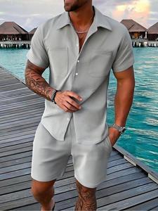 Men's Solid Short Sleeve Button Up Shirt & Shorts Two-piece Set, Regular Fit Casual Comfy Shortsleeve Top & Shorts for Daily Wear, Men's Clothes for Summer, Summer Clothing Set, Menswear, Formal Wear