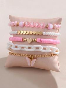 Kid's Cute Heart & Butterfly Decor Bracelet Set, Sweet Style Beaded Bracelet & Link Bracelet, Fashionable Jewelry for Girls, Trendy All-match & Exquisite Jewelry for Birthday Gift