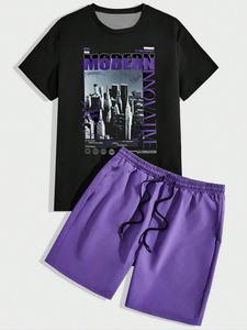 Men's All Over Print Tee & Drawstring Waist Shorts Set, Regular Fit Casual Crew Neck Short Sleeve T-shirt & Track Shorts, Men's Summer Clothes