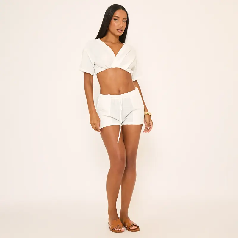 Drawstring Waist Shorts In White Linen 2