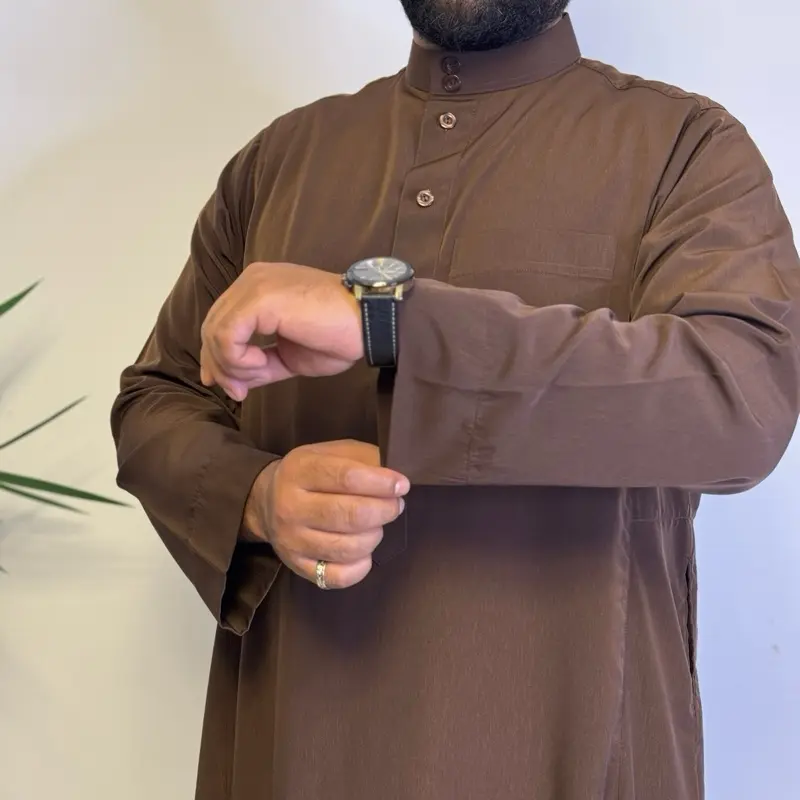 Brown Saudi Premium Thobe for Men - Indulgent Fabric, Breast Pocket & Two Side Pockets with buttons