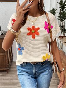 Women's Floral Decor Crew Neck Sweater, Casual Cute Short Sleeve Round Neck Jumper for Daily Wear, Ladies Knitwear for All Seasons, Womenswear, Knitting Tops, Knitted Clothes, Crewneck, Casual Fashionable Top