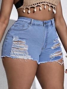 【Plus Size】 Size Denim-effect Print Distressed Hem Shorts, Casual Fashion Ripped Shorts for Daily Outdoor Wear, Women Plus Clothing for Summer