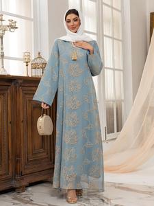 Women's Plants Embroidery Long Sleeve Dress, Elegant Casual Dress for Daily Wear, Ladies Islamic Clothing for All Seasons