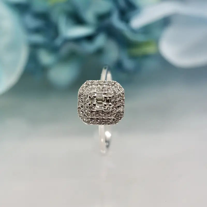 White Gold 0.21ct Baguette & Round Brilliant Cut Diamond Octagonal Cluster Ring, size L 1/2 5