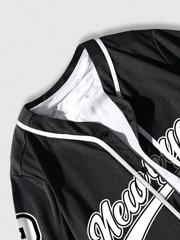 Men's Letter Print Short Sleeve Baseball Jersey, Regular Fit Casual Street Open Front Outerwear for Summer, Men's Clothes for Daily Wear 2
