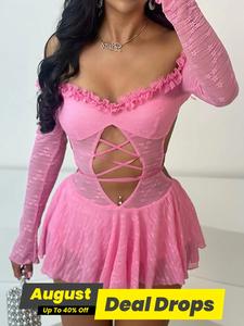 Women's Contrast Mesh Sheer Backless Off Shoulder Cut Out Longsleeves Bodysuit, Lady Sexy Fashion Frill Trim Tie Back Bodysuit for Nightclub Music Festival, Women's Clothes for Spring & Fall